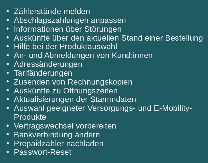 Auflistung der Standardanfragen, die ein Voicebot für Stadtwerke und Energieversorger abarbeitet